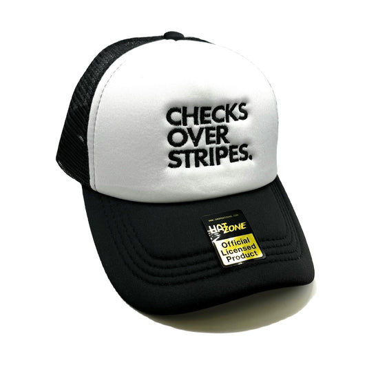 Checks Over Stripes Mesh Trucker Snapback (White/Black) - Hat Supreme