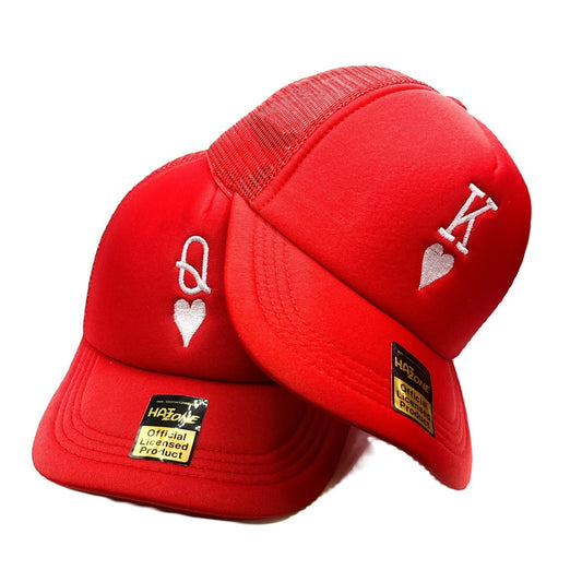 King of Hearts and Queen of Hearts - 2 Hats - Mesh Trucker Snapback (Red) - Hat Supreme