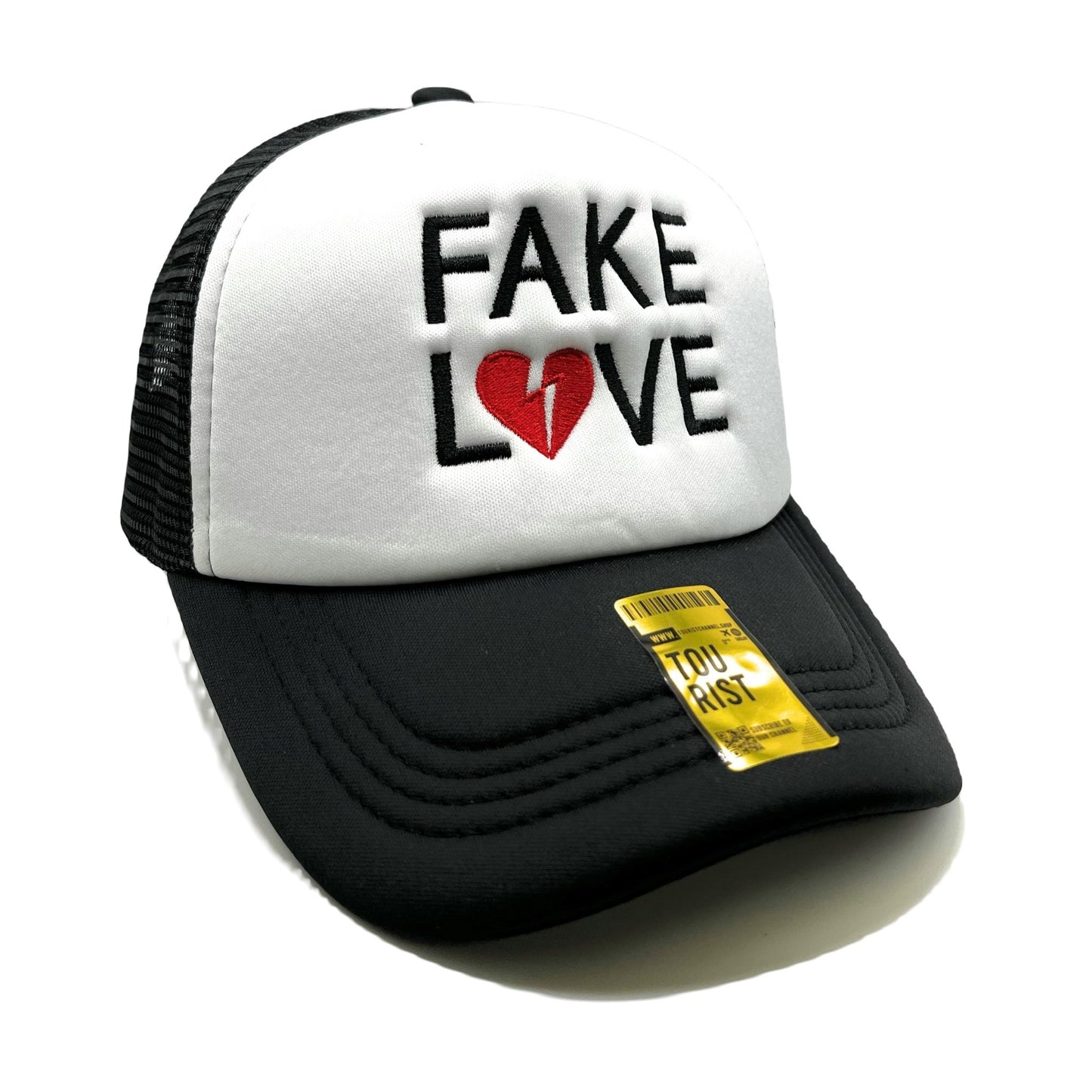 Fake Love Mesh Trucker Snapback (White/Black) - Hat Supreme