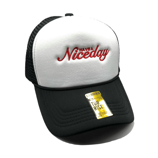 Have a Nice Day Mesh Trucker Snapback (White/Black) - Hat Supreme