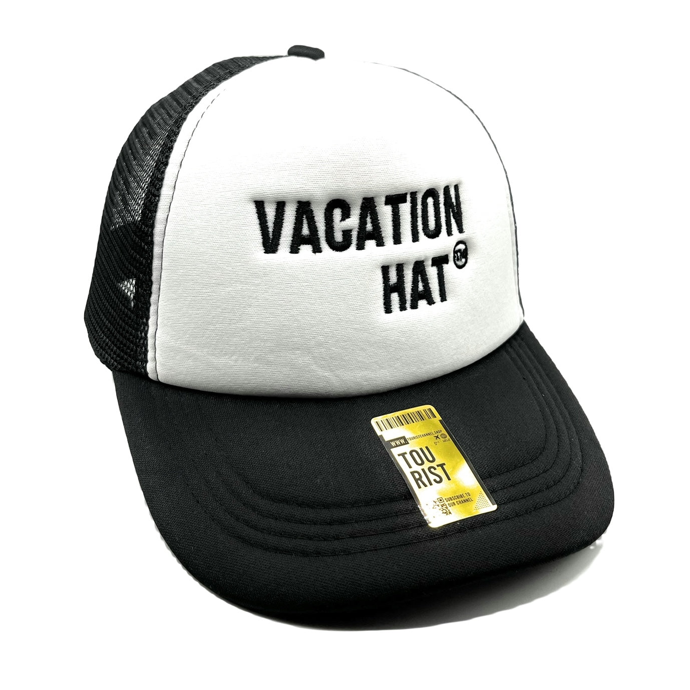 Vacation Hat Mesh Trucker Snapback (White/Black) - Hat Supreme